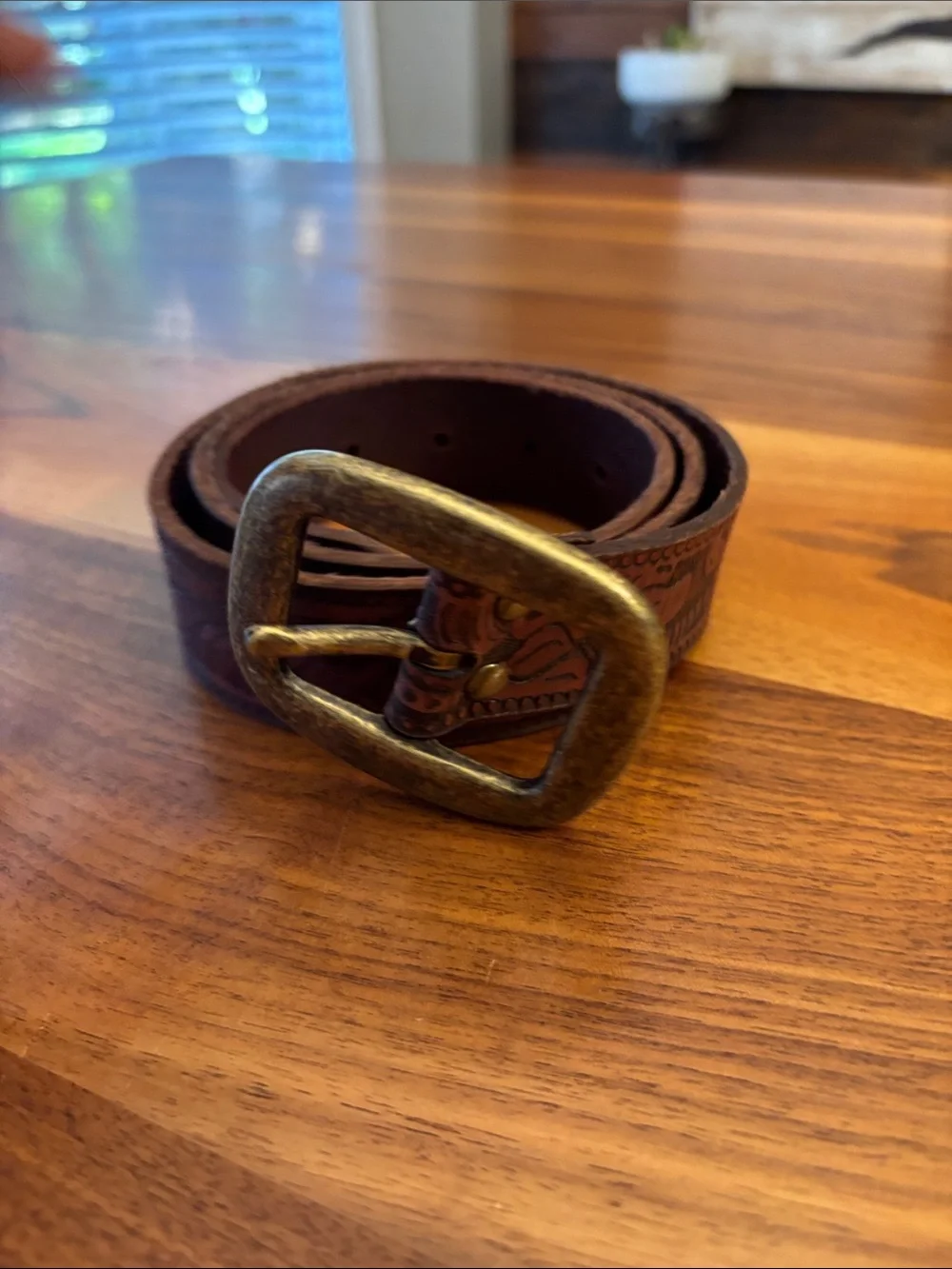 Western Brown Leather Tooled Belt with Brass Tone Buckle 34” Unisex